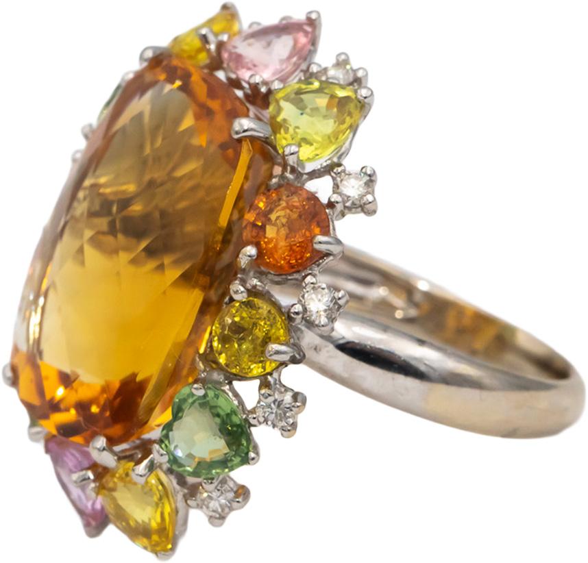 18k White Gold Citrine Diamond Rainbow Sapphire Cocktail Ring 27.45CTW Size 8