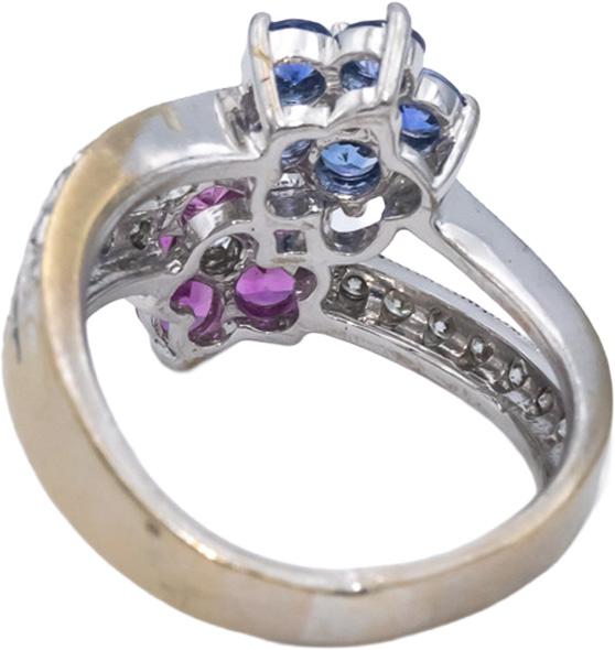 18k White Gold Diamond Pink & Blue Sapphire Flower Ring 1.45CT Size 5