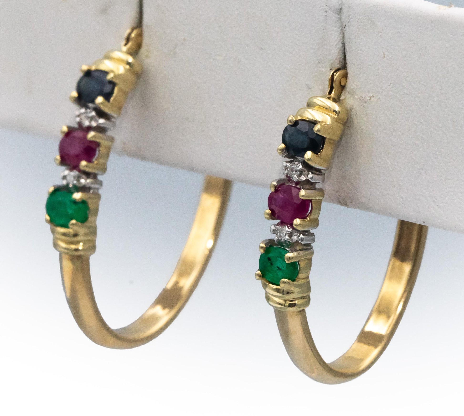 10k Yellow Gold Diamond Ruby Emerald Sapphire Oval Hoop Earrings 1.54CTW