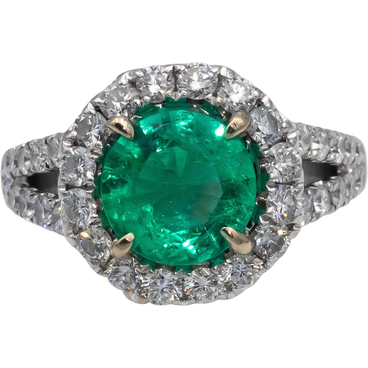 ODELIA 18k White Gold Round Diamond & Emerald Halo Cocktail Ring 2.56CTW Size 6