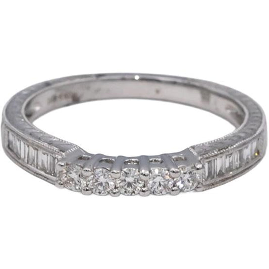 18k White Gold VS Round & Baguette Cut Diamond Band Ring 0.50CT Size 6.75