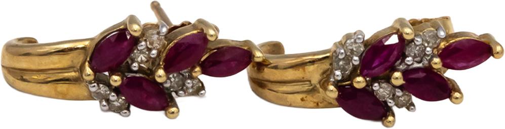 10k Yellow Gold Marquise Ruby Round Diamond Stud Earrings 0.46CT