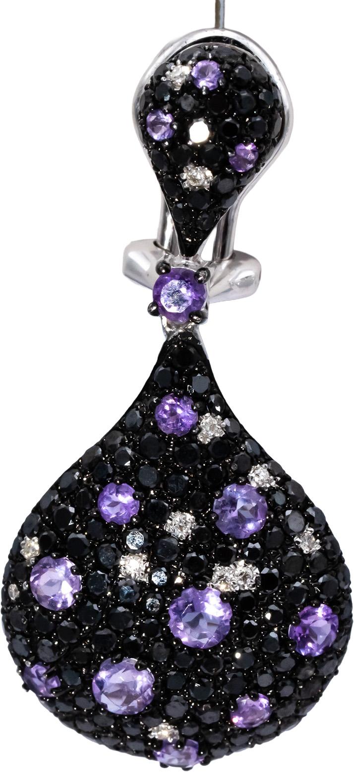 14k White Gold Round White & Black Diamond Amethyst Cluster Earrings 2.0CTW