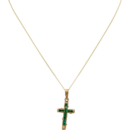 18k Yellow Gold Emerald Cross Crucifix Pendant Necklace 1.0CT
