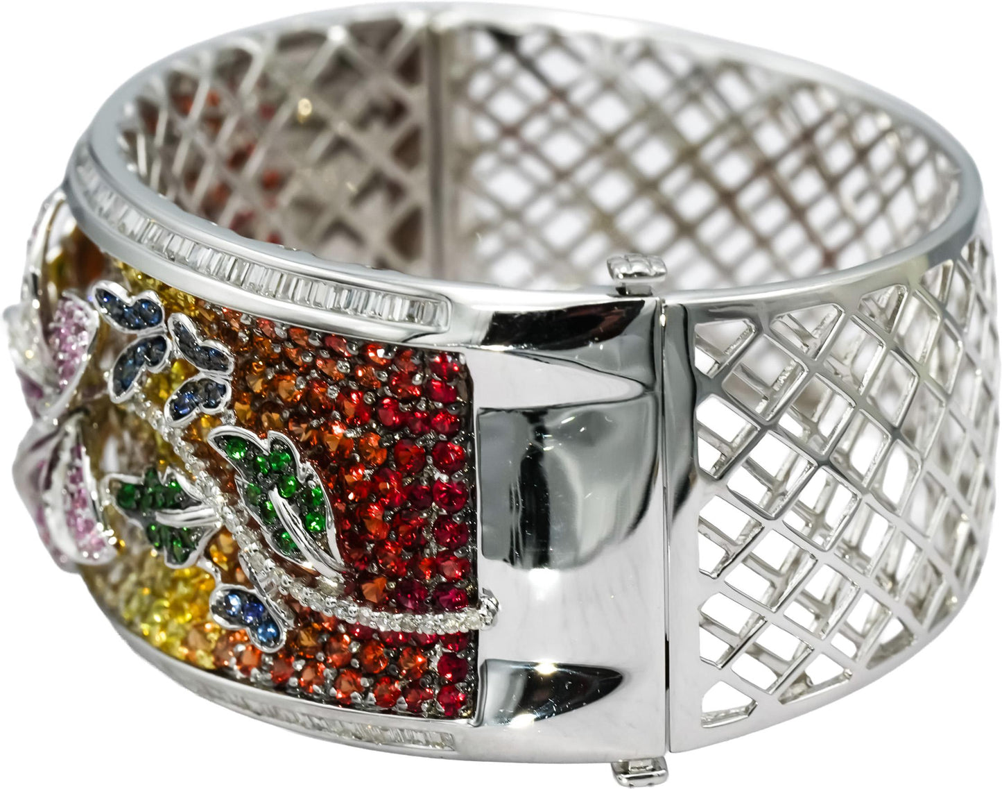 18k White Gold Diamond Multi Color Gemstone Floral Wide Bangle Bracelet 12.50CT