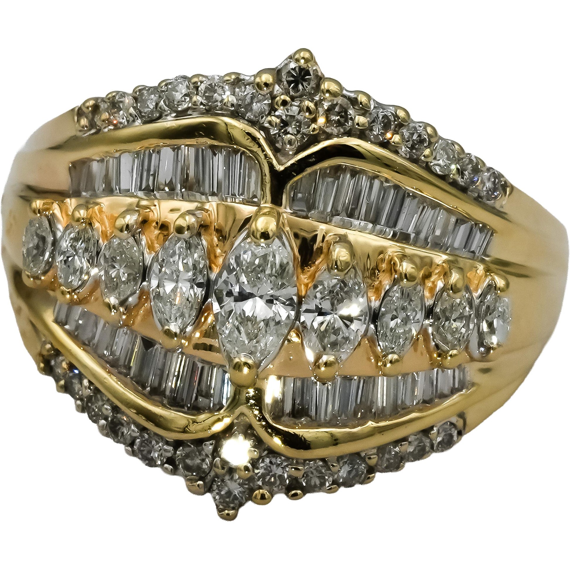 14k Yellow Gold Marquise Round Baguette Diamond Cocktail Ring 1.50CT Size 9