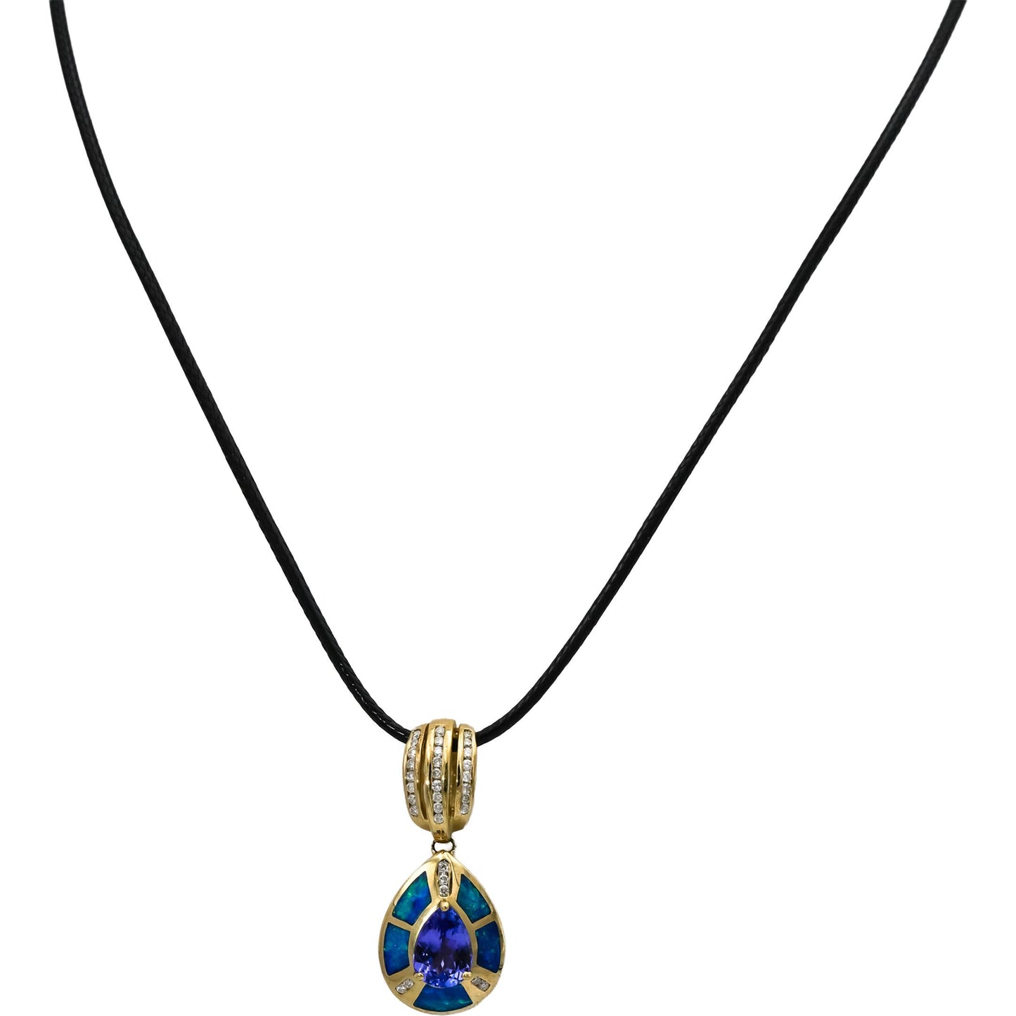 14k Yellow Gold Diamond Tanzanite Opal Inlay Pendant Necklace 2.56CT