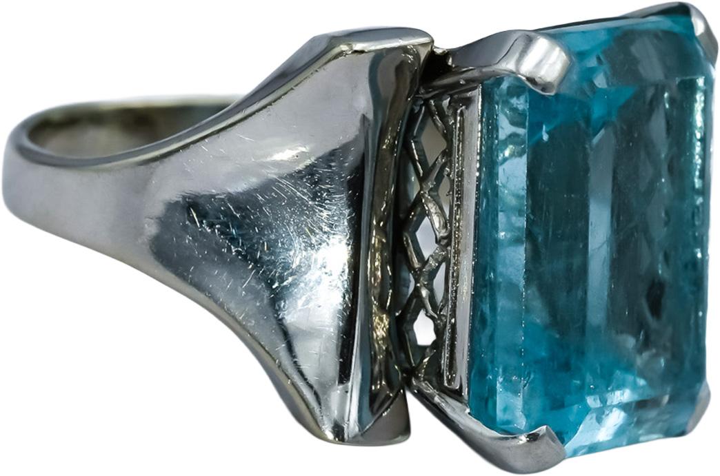 Retro Antique 14k White Gold Aquamarine Solitaire Ring 16.50CT Size 9.75