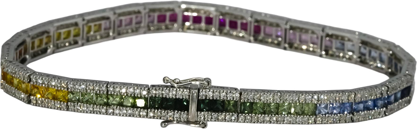 14k White Gold Diamond and Multi Color Sapphire Line Bracelet 5.50CT