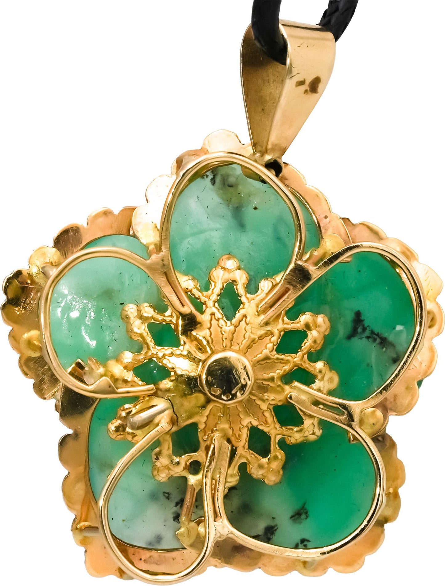 14k Yellow Gold Jadeite and Sapphire Flower Pendant Necklace