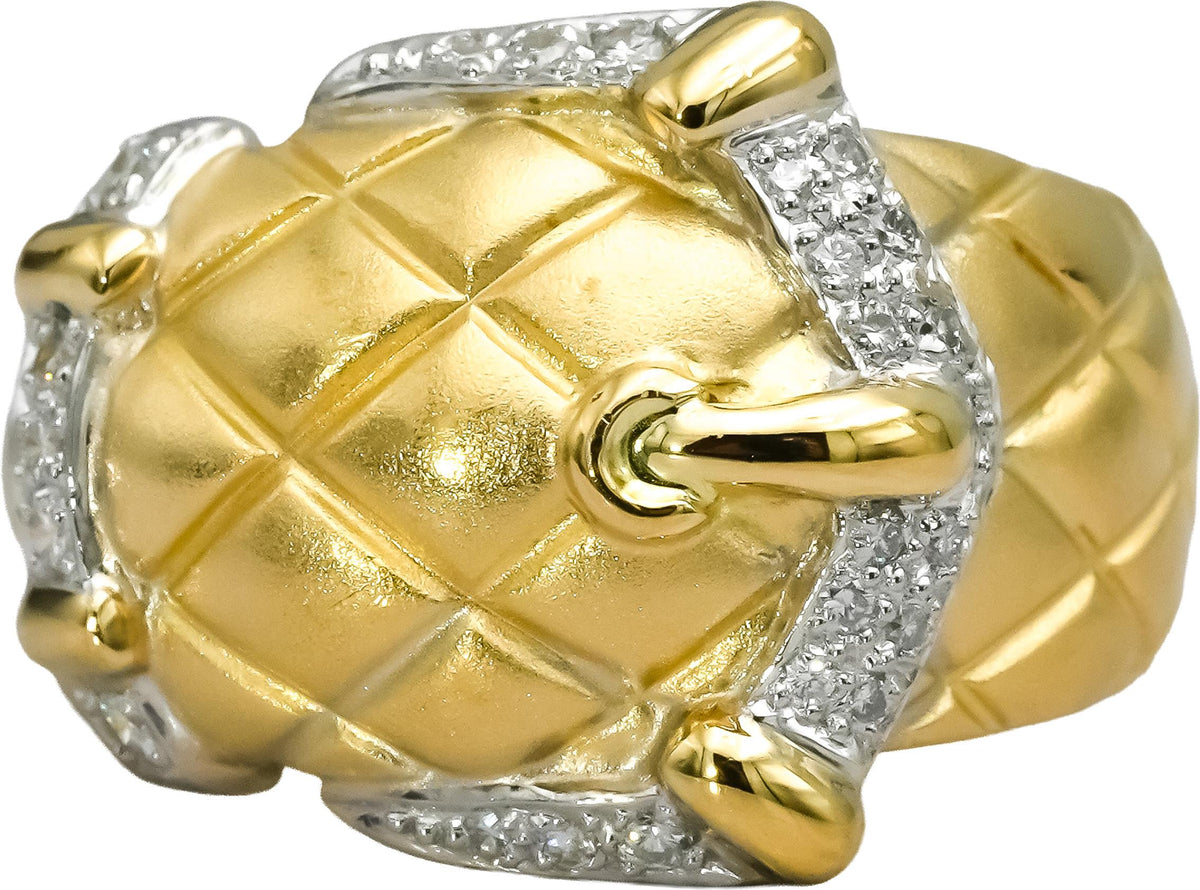 18k Yellow Gold Platinum VS Round Diamond Belt Buckle Ring 0.25CT Size 6.25
