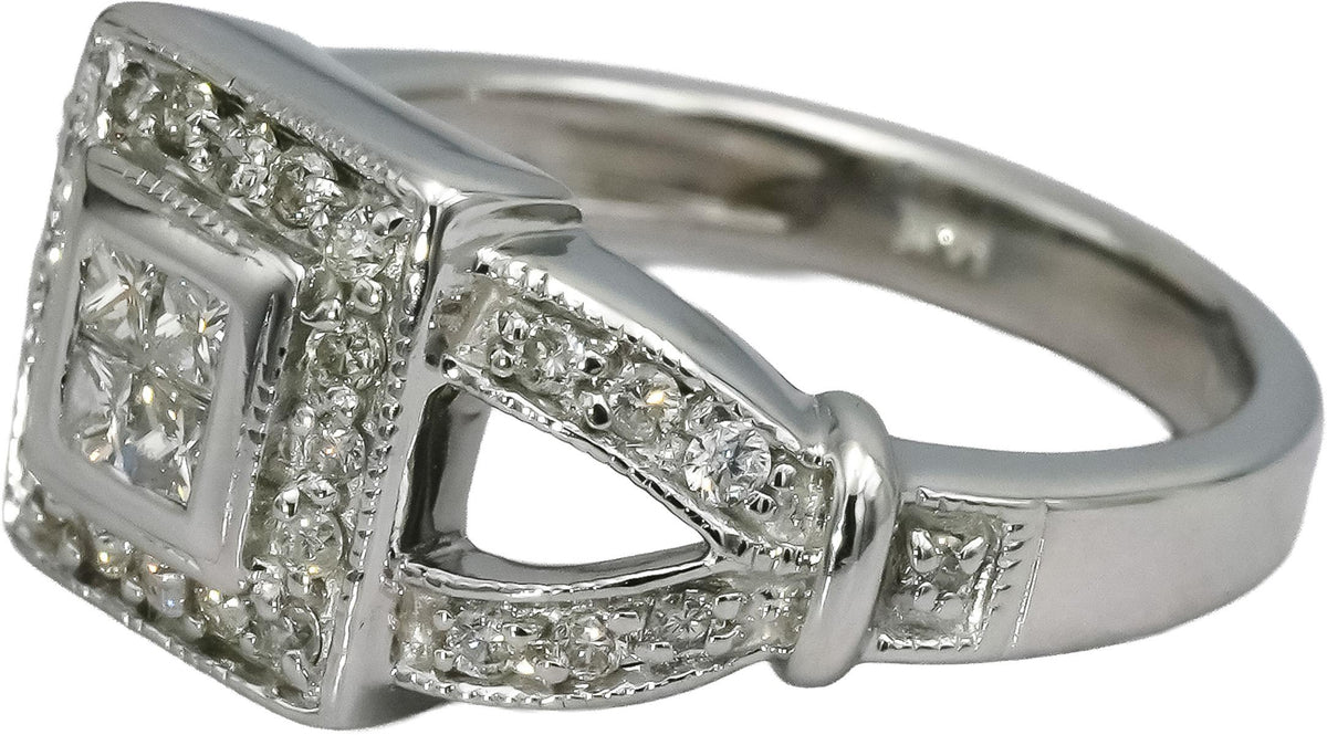 14k White Gold Princess and Round Diamond Cocktail Ring 0.50CT Size 6.5
