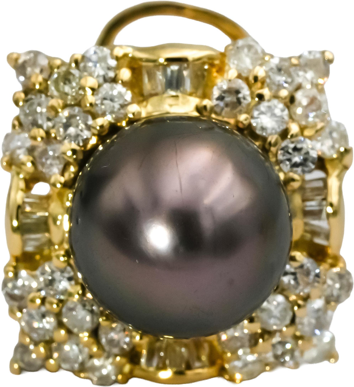 18k Yellow Gold Diamond and 11.0mm Black Tahitian Pearl Stud Earrings 2.50CT