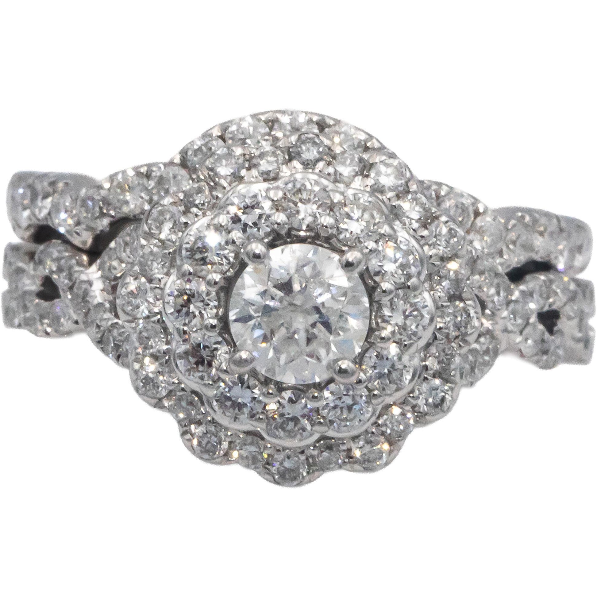 14k White Gold Diamond Double Halo Bridal Engagement Ring Set 1.50CT Size 6.75
