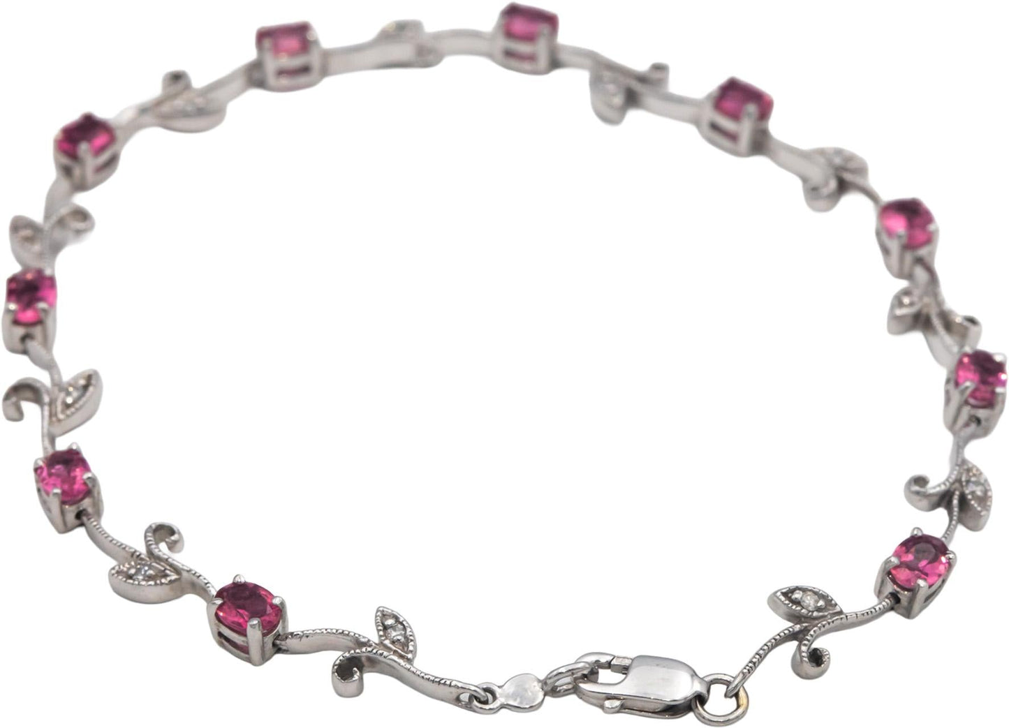 14k White Gold 1.56CT Diamond and Pink Tourmaline Floral Link Bracelet