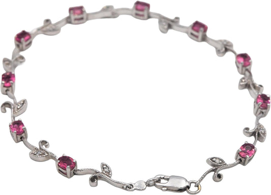 14k White Gold 1.56CT Diamond and Pink Tourmaline Floral Link Bracelet