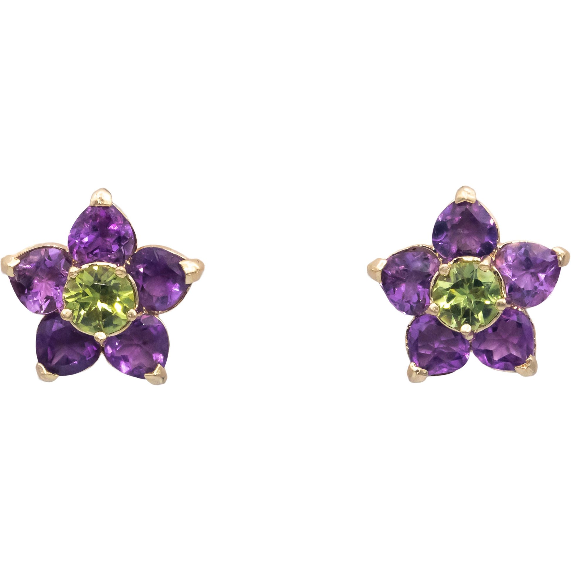 14k Yellow Gold 3.50CT Amethyst and Peridot Flower Stud Earrings