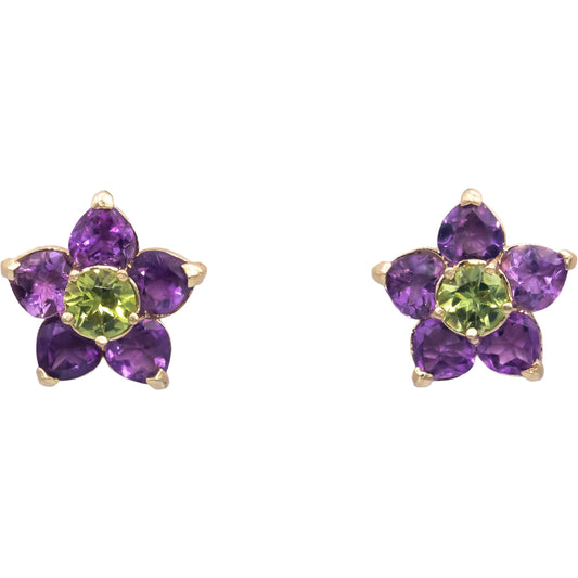 14k Yellow Gold 3.50CT Amethyst and Peridot Flower Stud Earrings