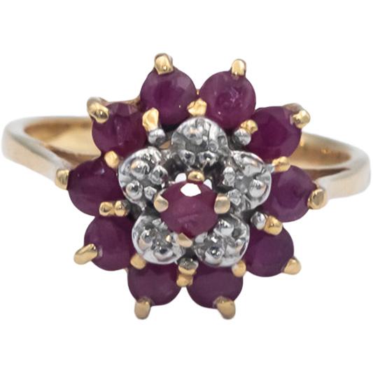 14k Yellow Gold 0.52CT Diamond and Ruby Cluster Cocktail Ring Size 5