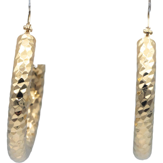 14k Yellow Gold 30.0mm Diameter Diamond Cut Textured Hoop Earrings