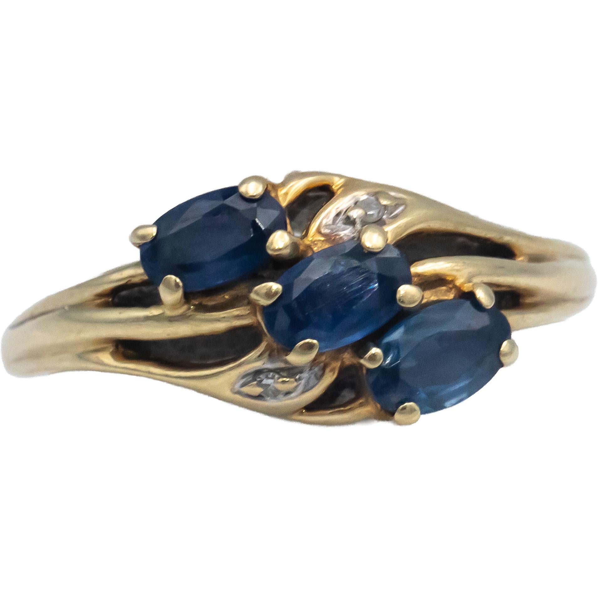 10k Yellow Gold Oval Cut Blue Sapphire Ring w/ Diamond Accents 0.40CT Size 6.75