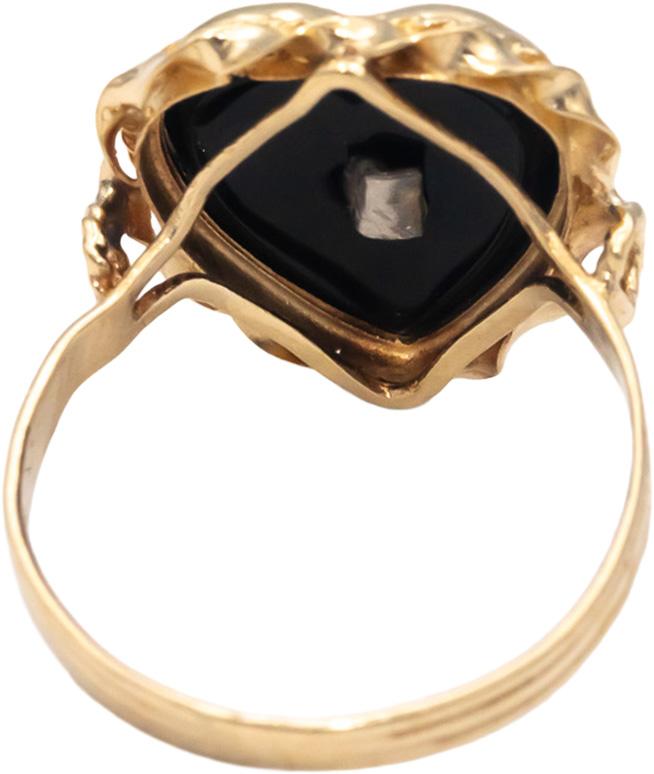 Black Onyx 10k Yellow Gold Heart Cocktail Ring Size 5.75 w/ Diamond Accent