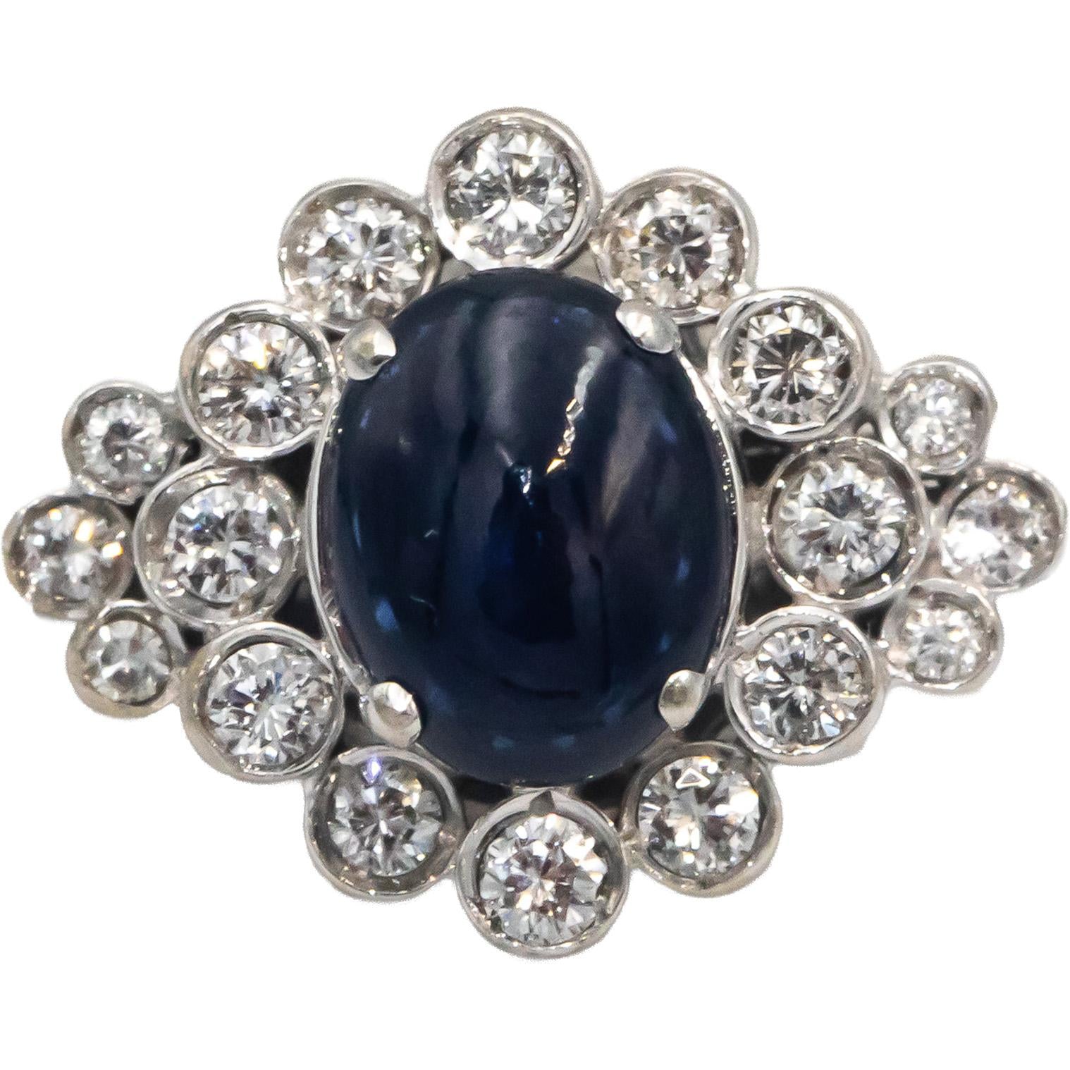 18k White Gold Round Diamond Cabochon Sapphire Cluster Cocktail Ring 1.50CT