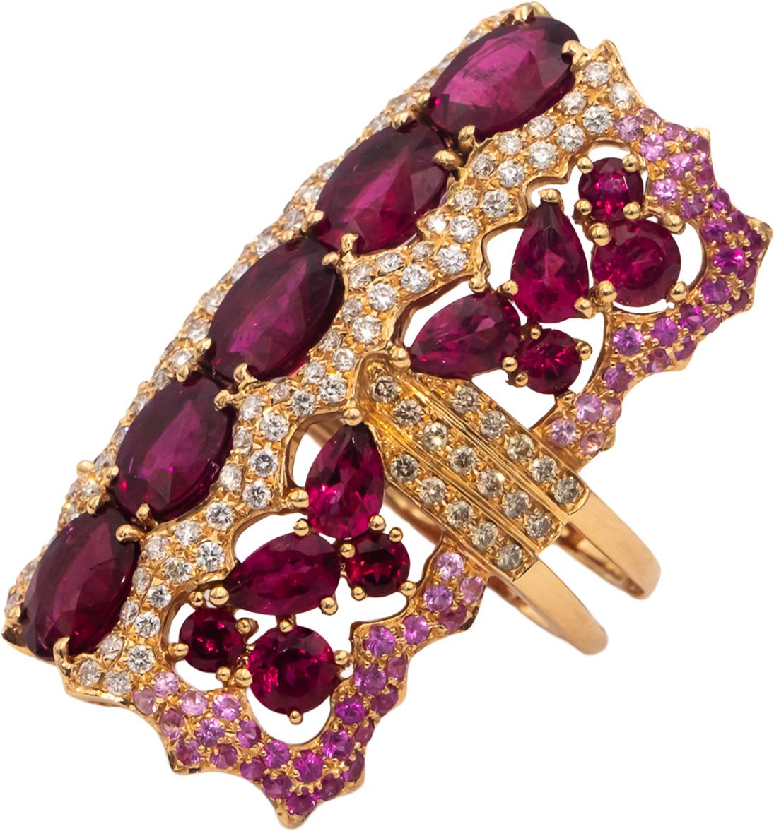 WENDY YUE 18k Rose Gold Diamond Rubellite & Pink Sapphire Cocktail Ring 14.75CT