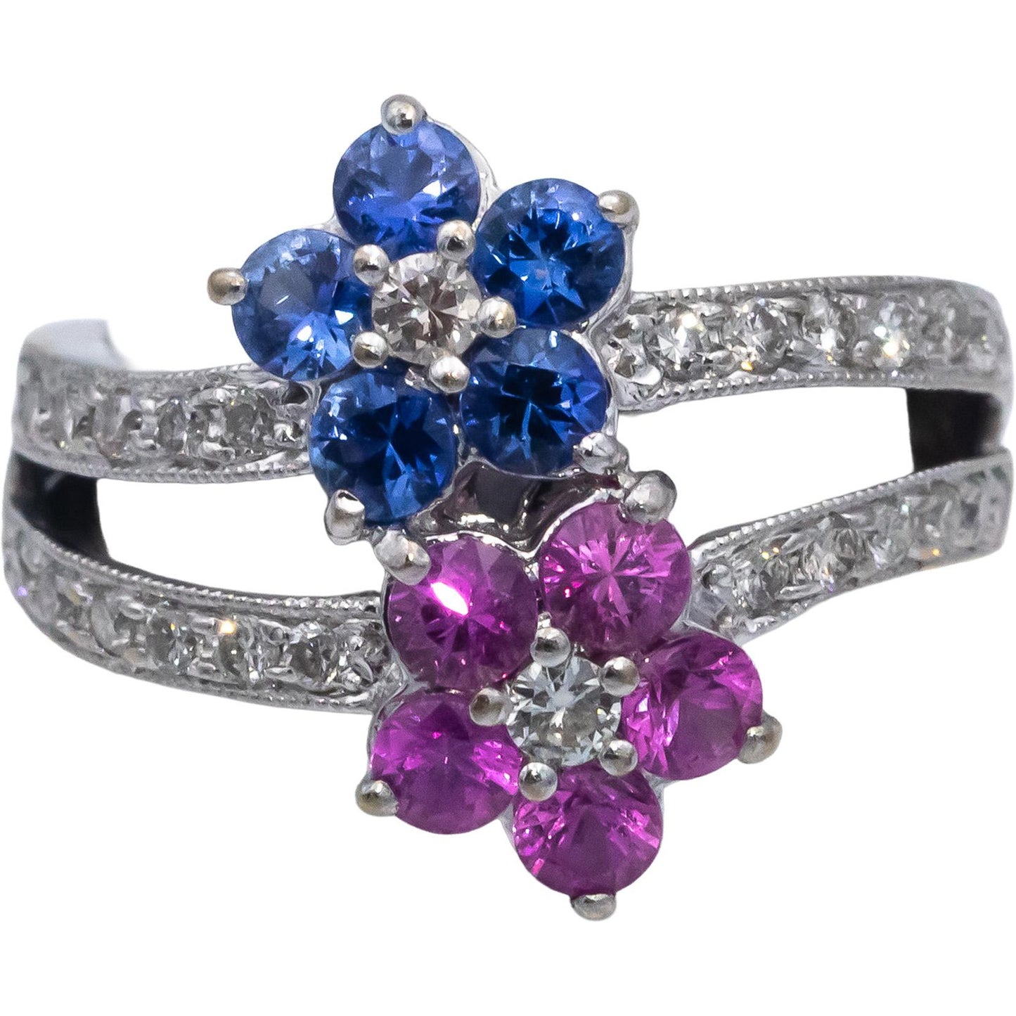 18k White Gold Diamond Pink & Blue Sapphire Flower Ring 1.45CT Size 5