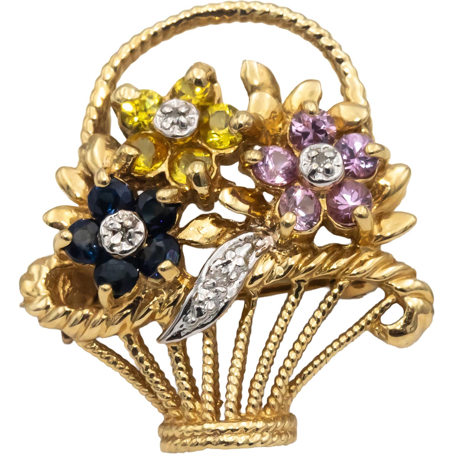 14k Gold Diamond & Yellow Pink Blue Sapphire Flower Basket Brooch Pendant .53CTW