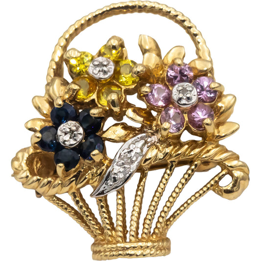 14k Gold Diamond & Yellow Pink Blue Sapphire Flower Basket Brooch Pendant .53CTW