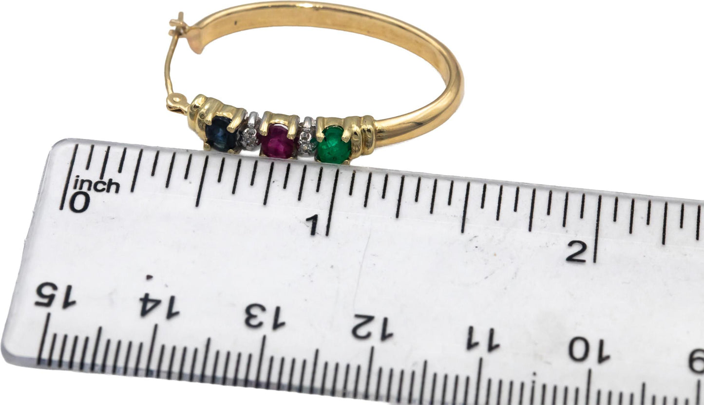 10k Yellow Gold Diamond Ruby Emerald Sapphire Oval Hoop Earrings 1.54CTW