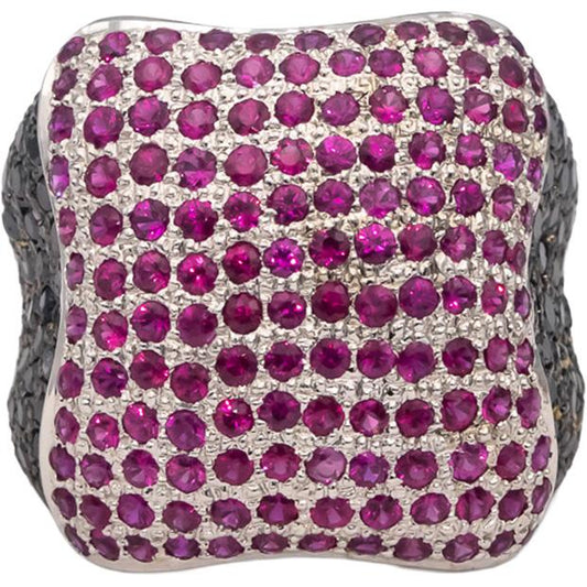 18k White Gold Black Diamond & Ruby Cluster Dome Ring 2.80CTW Size 8.75