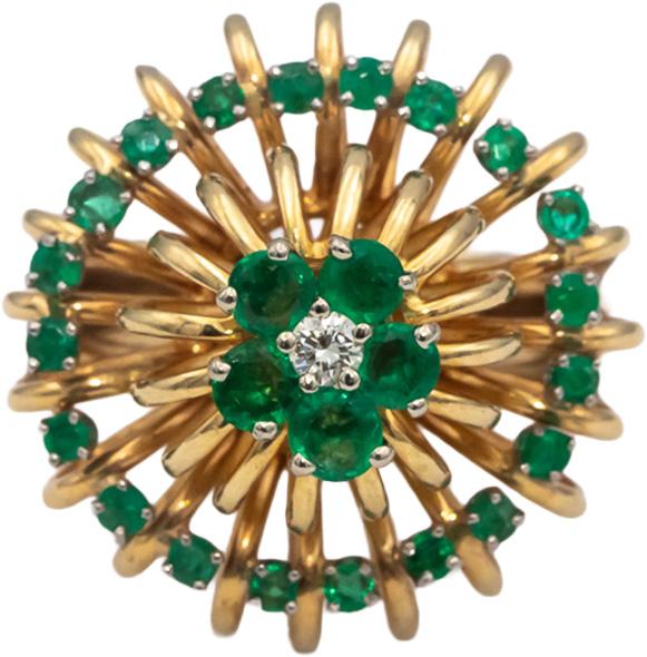 14k Yellow Gold Round Diamond & Emerald Cocktail Ring 0.93CT Size 7