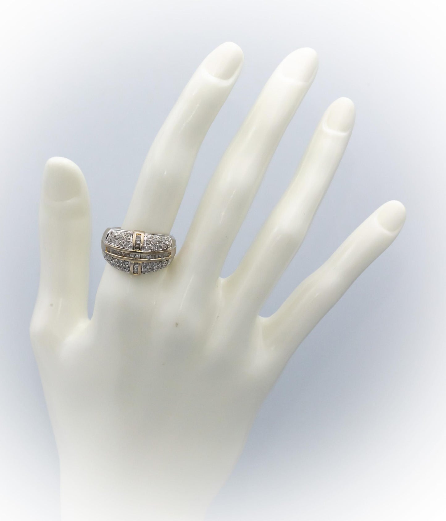 10k White & Yellow Gold Round & Baguette Diamond Cluster Dome Ring 0.60CT Size 7