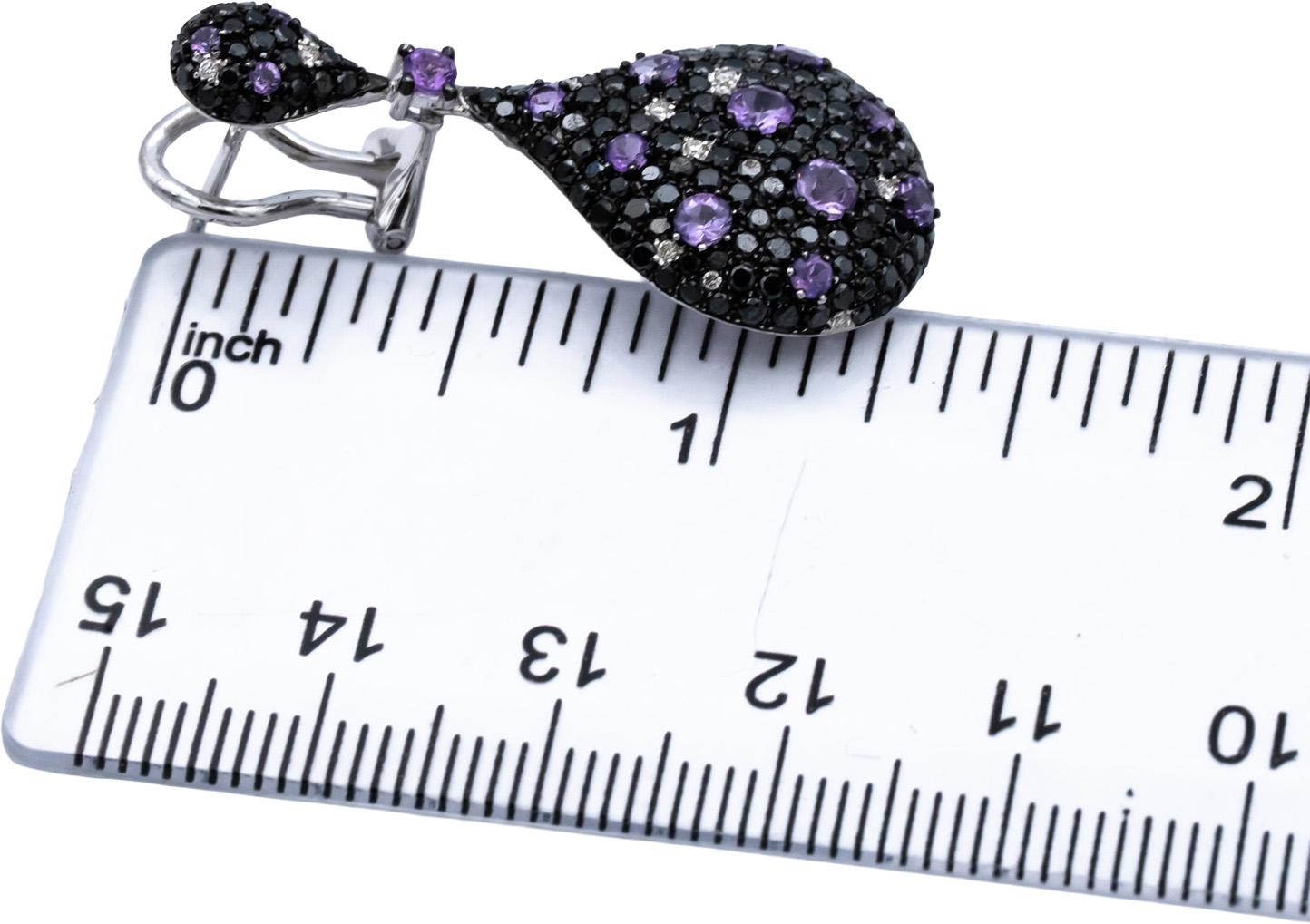 14k White Gold Round White & Black Diamond Amethyst Cluster Earrings 2.0CTW