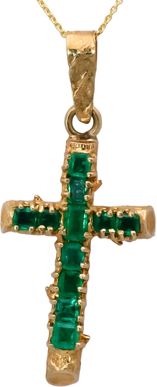 18k Yellow Gold Emerald Cross Crucifix Pendant Necklace 1.0CT