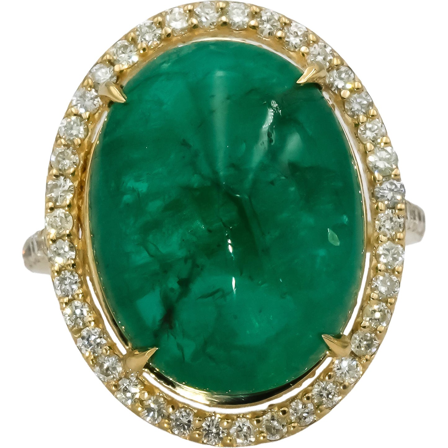GIA Certified 14k Yellow Gold Oval Cabochon Emerald and Diamond Ring 17.01CTW
