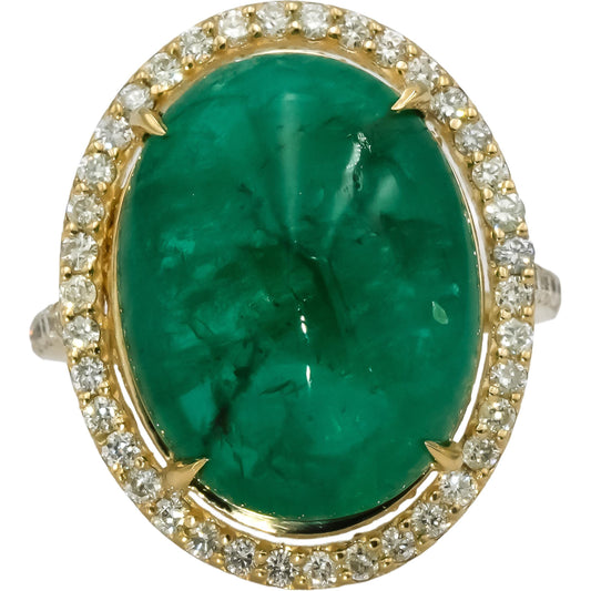 GIA Certified 14k Yellow Gold Oval Cabochon Emerald and Diamond Ring 17.01CTW