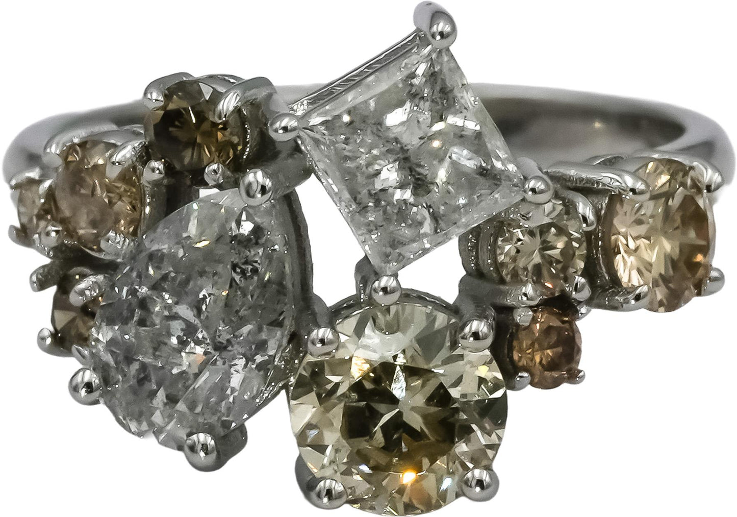 14k White Gold Princess Pear Round Diamond Cluster Cocktail Ring 2.73CT Size 6