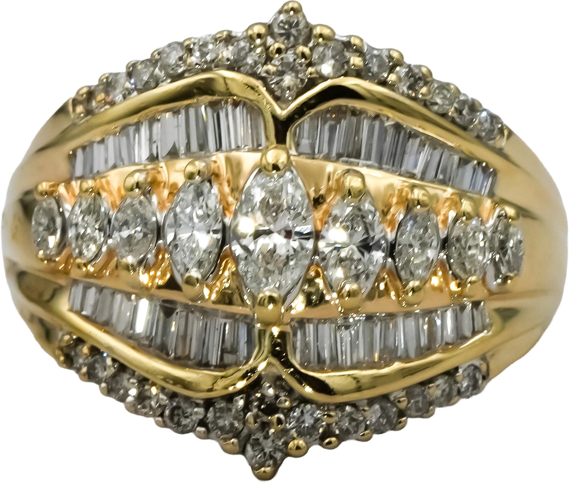 14k Yellow Gold Marquise Round Baguette Diamond Cocktail Ring 1.50CT Size 9