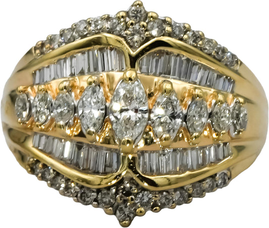 14k Yellow Gold Marquise Round Baguette Diamond Cocktail Ring 1.50CT Size 9