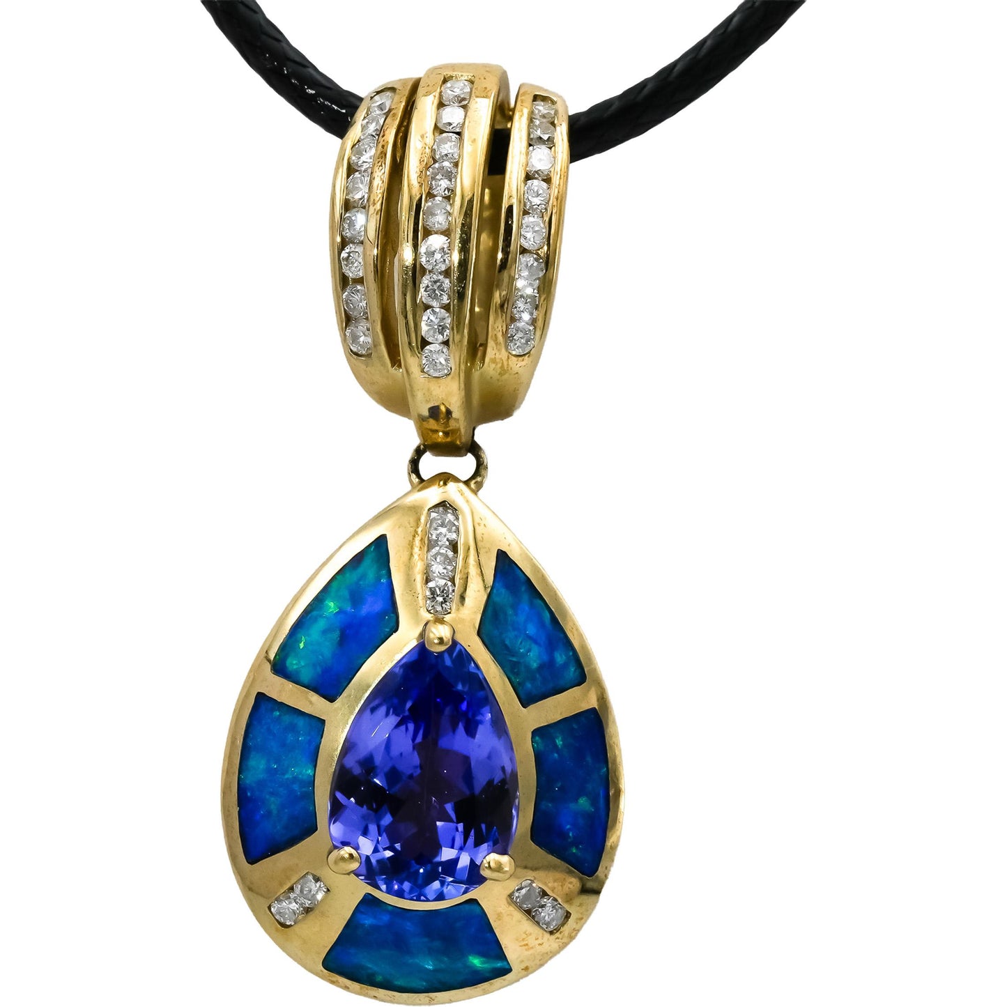 14k Yellow Gold Diamond Tanzanite Opal Inlay Pendant Necklace 2.56CT