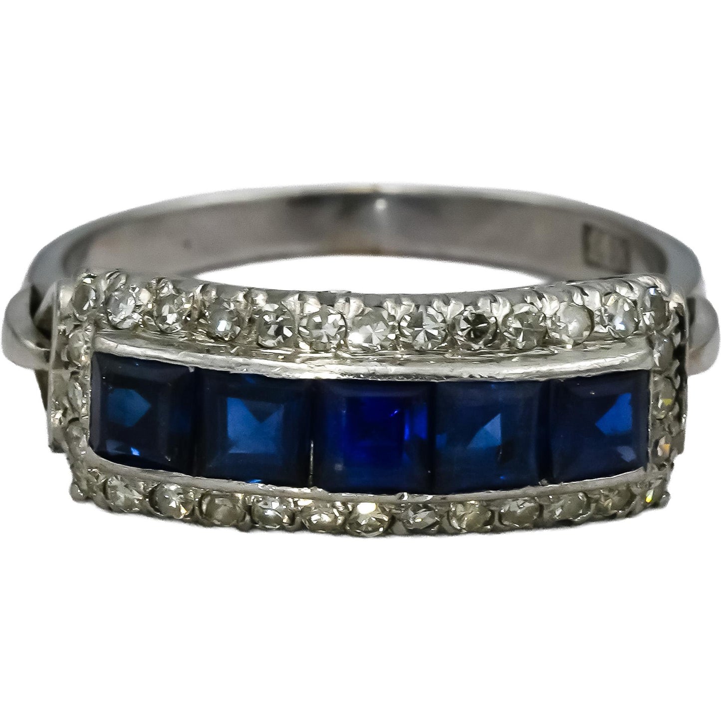 Art Deco Antique 14k White Gold Diamond & Synthetic Sapphire Ring 1.80CT Sz 8