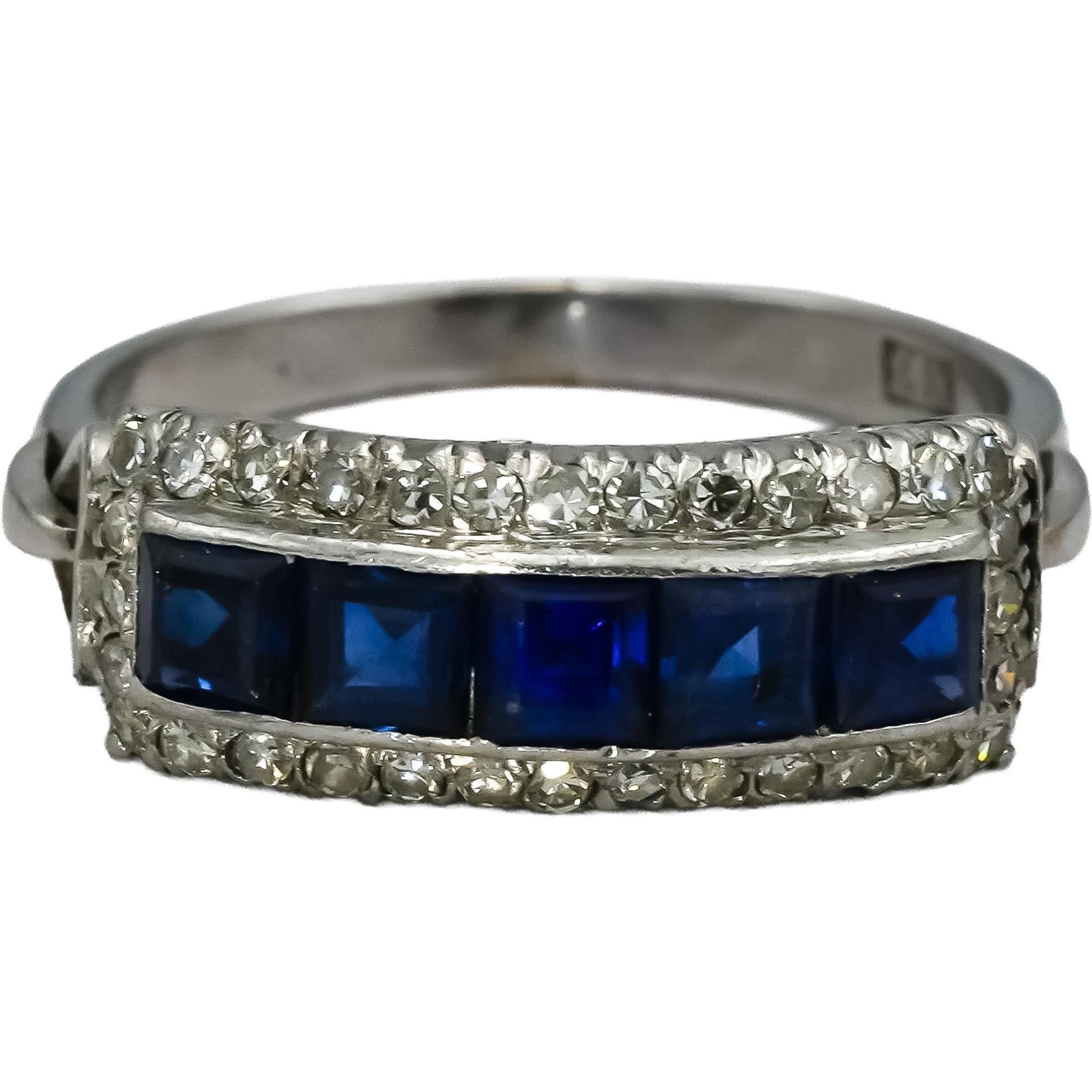 Art Deco Antique 14k White Gold Diamond & Synthetic Sapphire Ring 1.80CT Sz 8