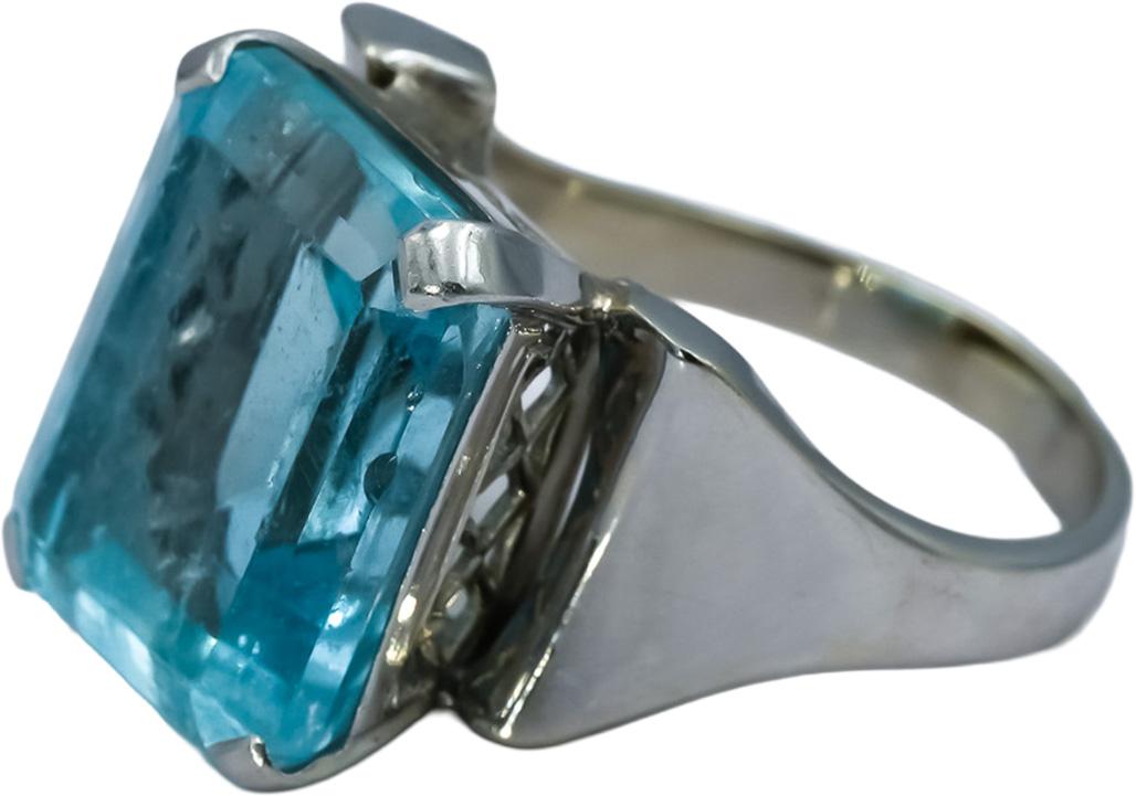 Retro Antique 14k White Gold Aquamarine Solitaire Ring 16.50CT Size 9.75