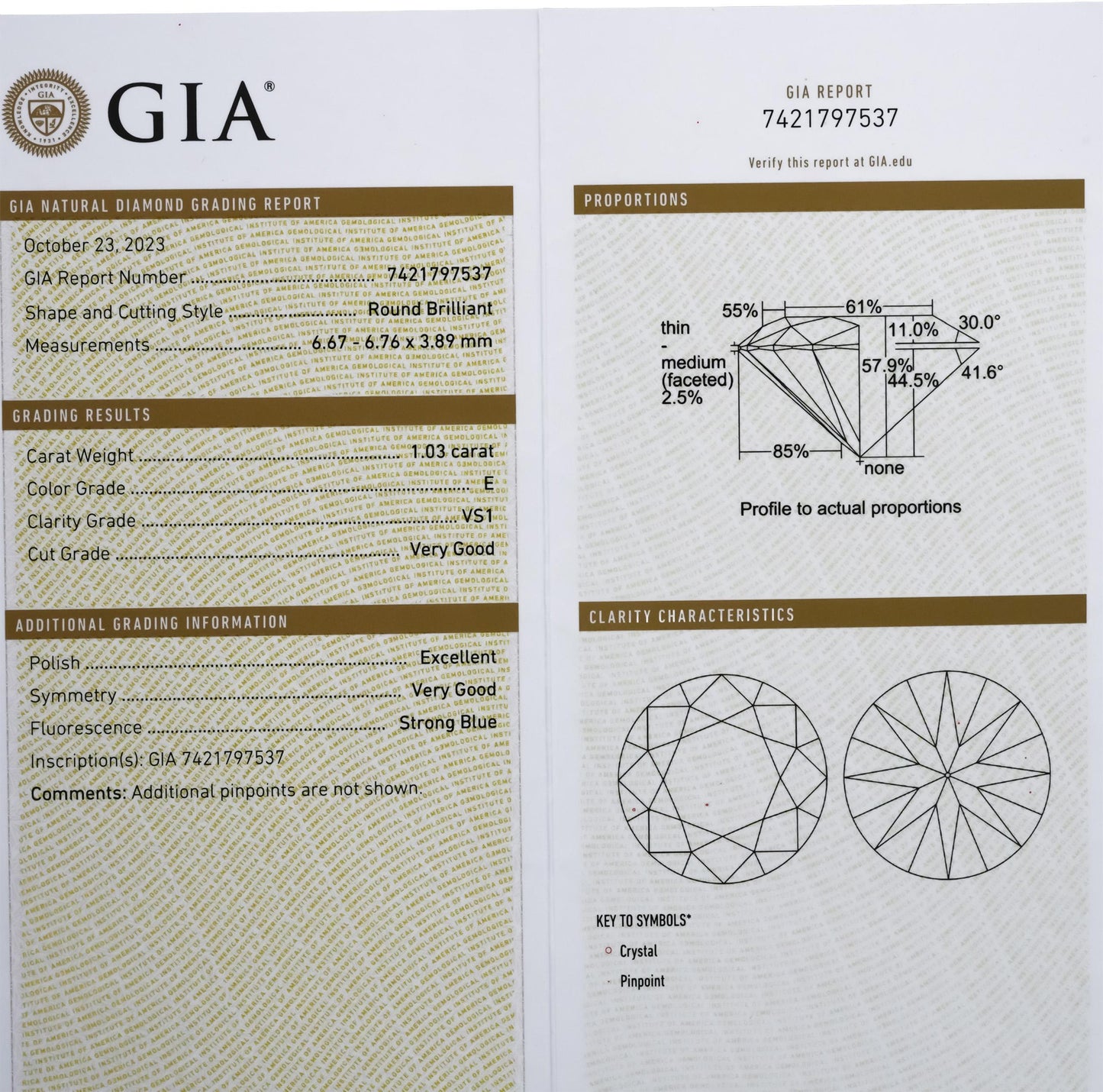 GIA Certified VS1/E Round Cut Natural Diamond Loose Stone 1.03CT