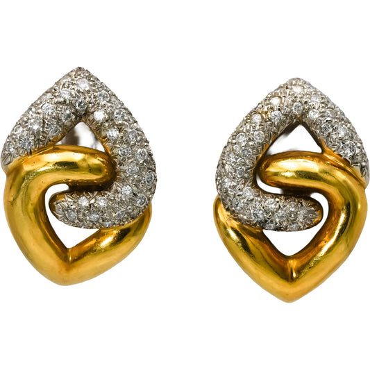 18k Yellow White Gold Round Diamond Interlocking Knot Earrings 1.25CT