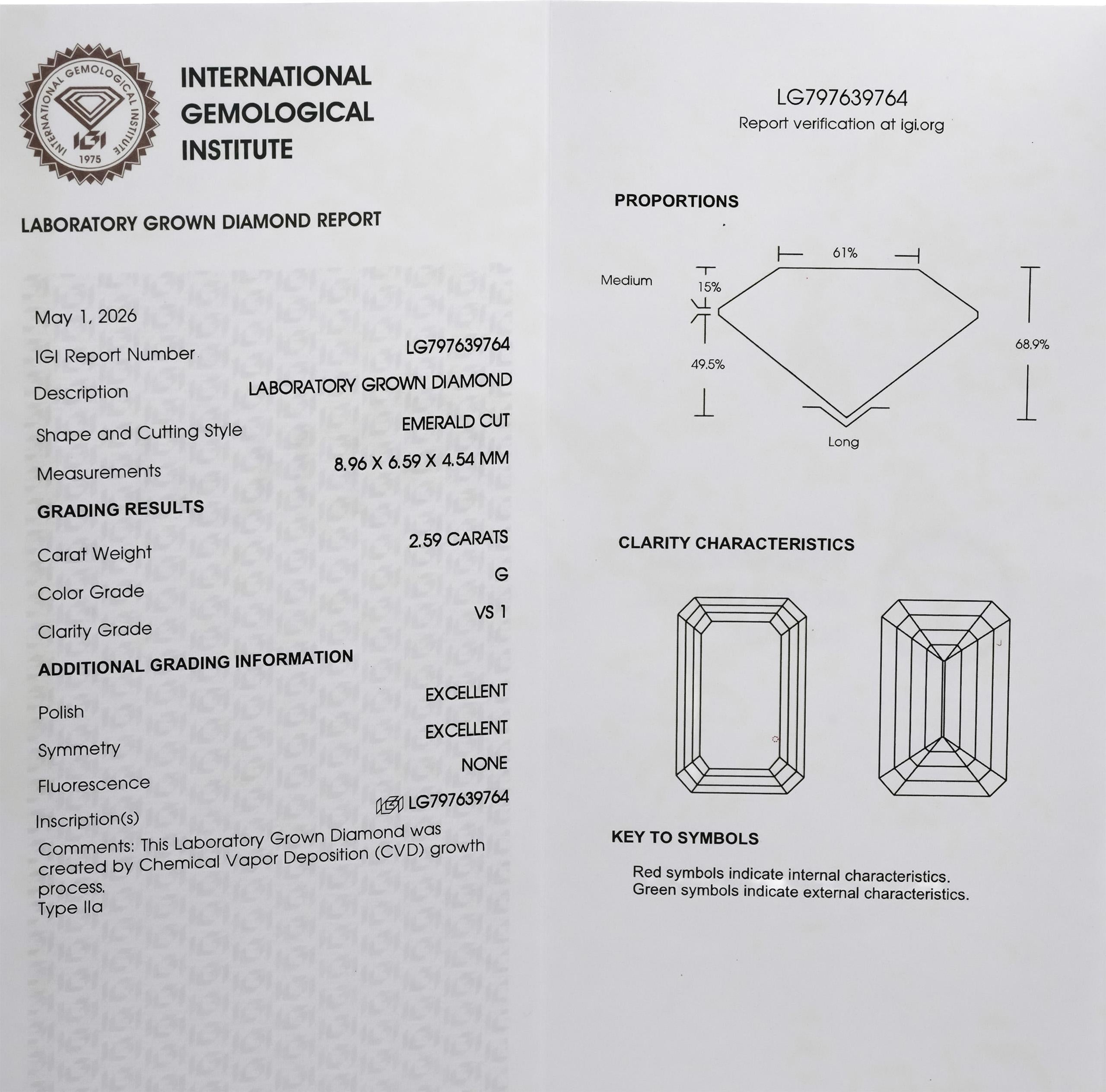 IGI 14k Yellow Gold VS1/G Emerald Cut Lab-Grown Diamond Pendant Necklace 2.59CT