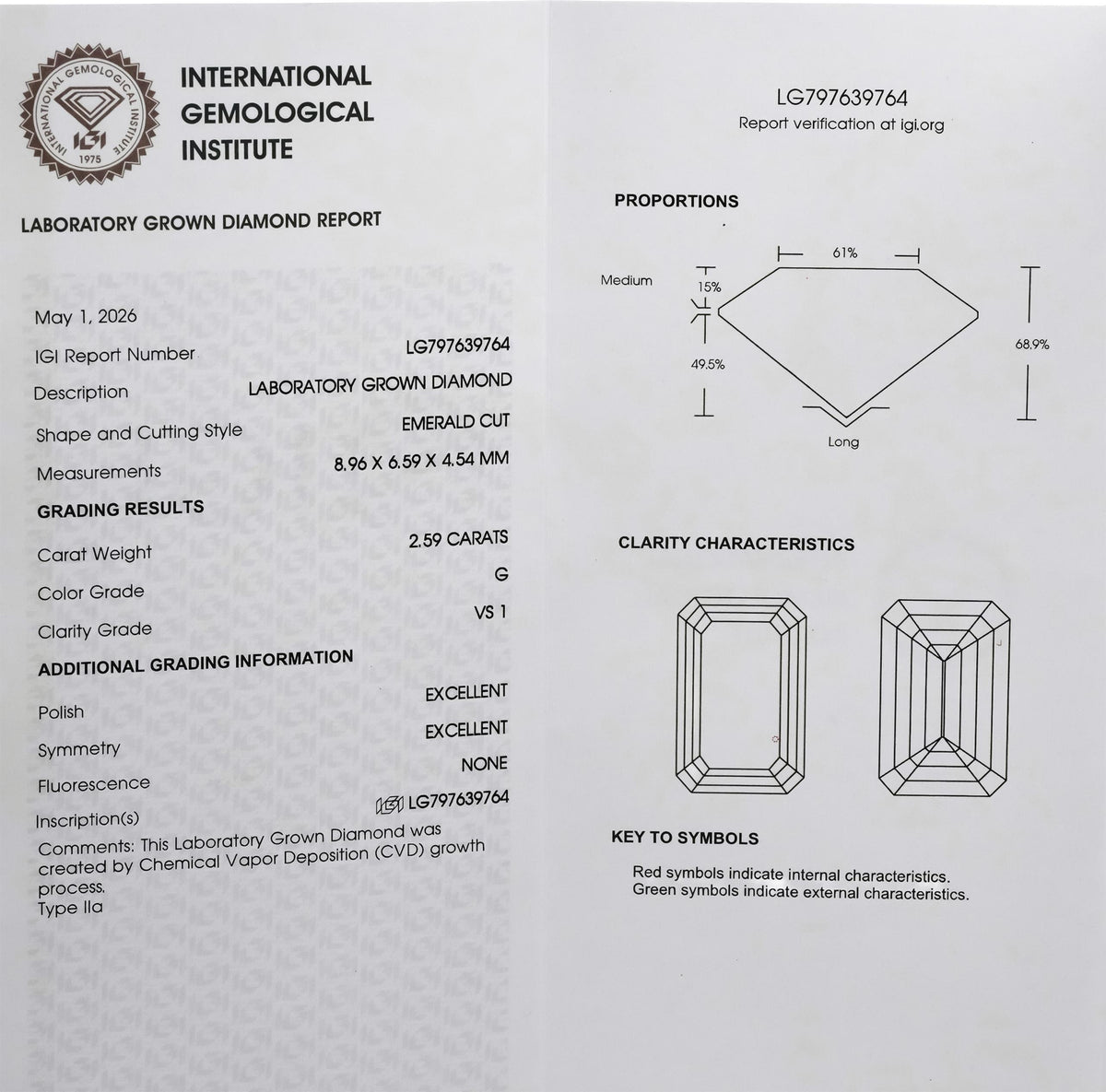 IGI 14k Yellow Gold VS1/G Emerald Cut Lab-Grown Diamond Pendant Necklace 2.59CT